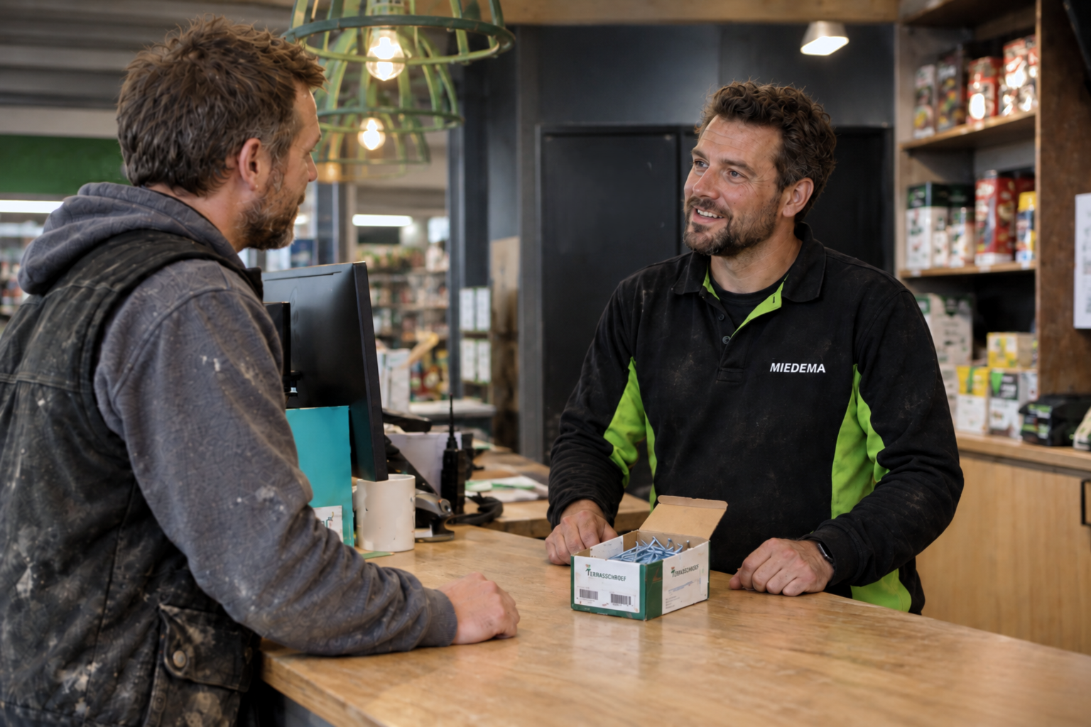 Verkoper in de Miedema bouwshop in gesprek met een klant aan de balie