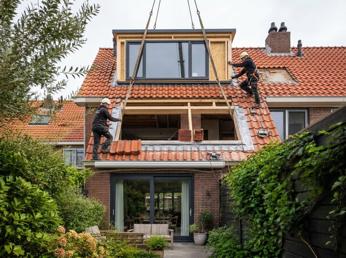 Afgewerkte prefab houten dakkapel van SIP Bouwtechniek op een woning