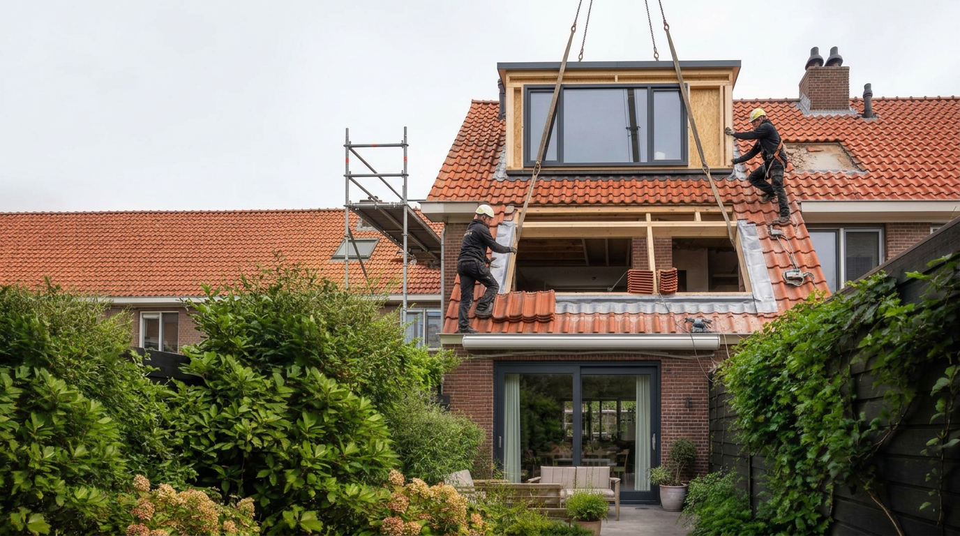 Kraan plaatst een prefab dakkapel van SIP Bouwtechniek op een woning
